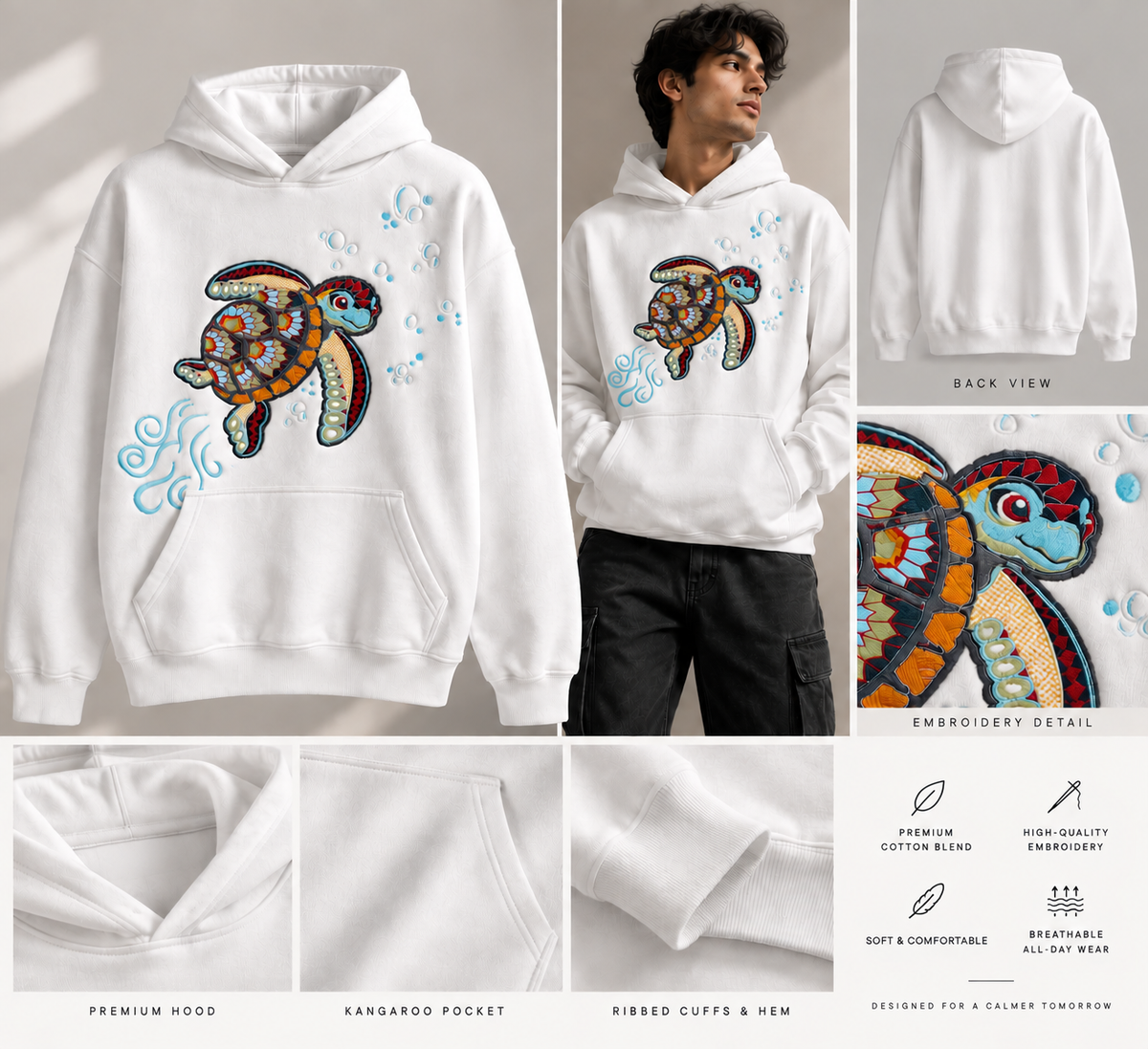 Ocean Turtle Embroidered Premium Hoodie